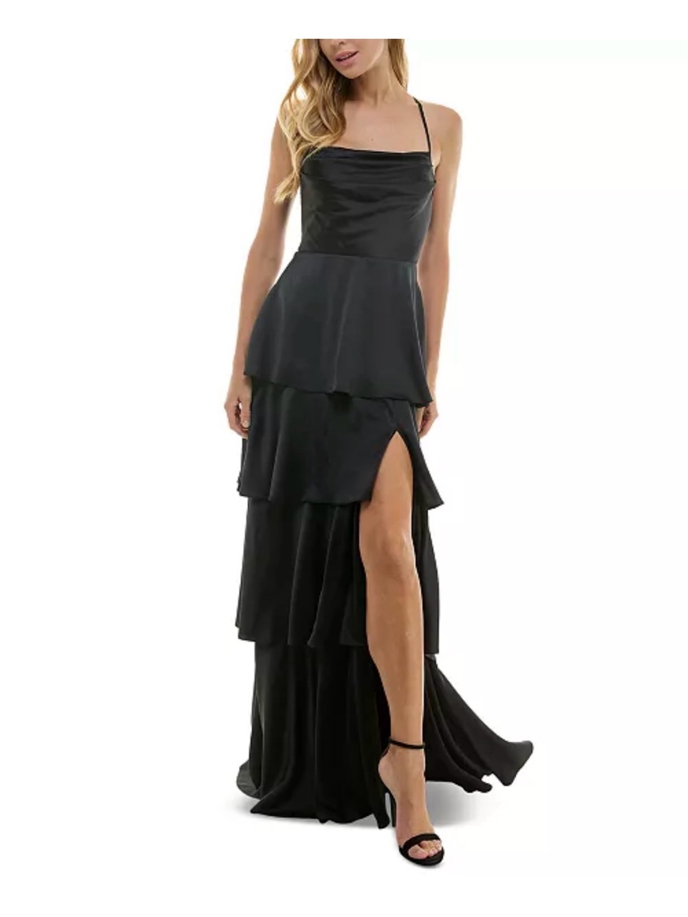 Cowl Neck Black Tiered Satin Maxi Dress with Slit